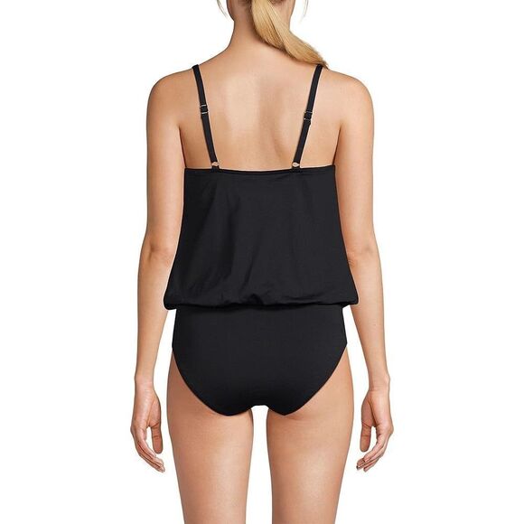 Land's End Blouson V neck Adjustable Fauxkini One Piece Bathing Suit Black Var - Picture 4 of 6